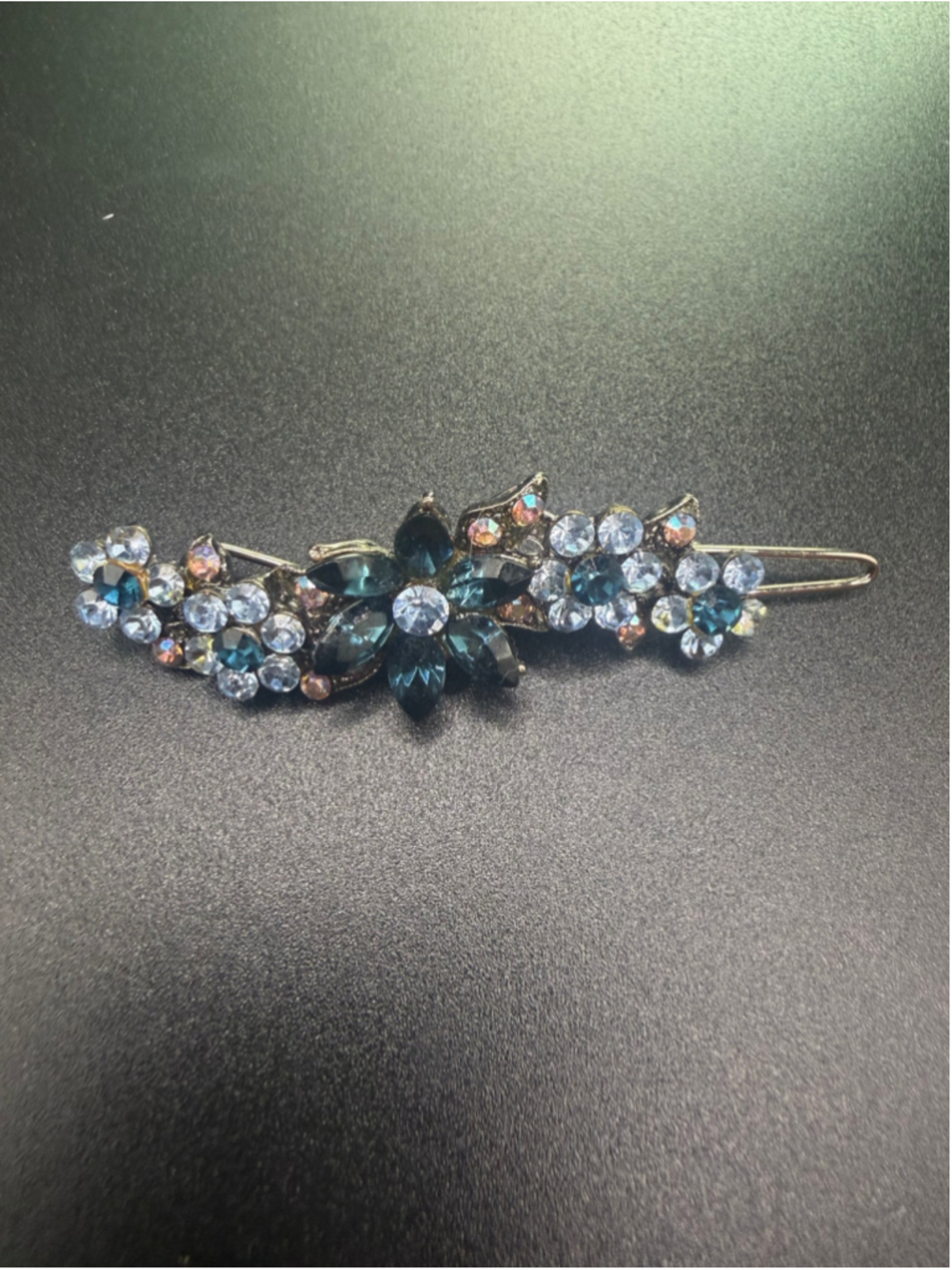 Vintage Signed SNK Blue Rhinestone Floral Hair Barrette Gold Tone